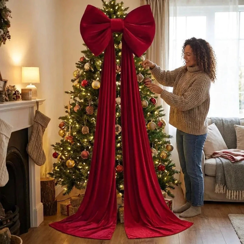 Oversized Velvet Christmas Tree Topper Bow – Long Cascading Tails